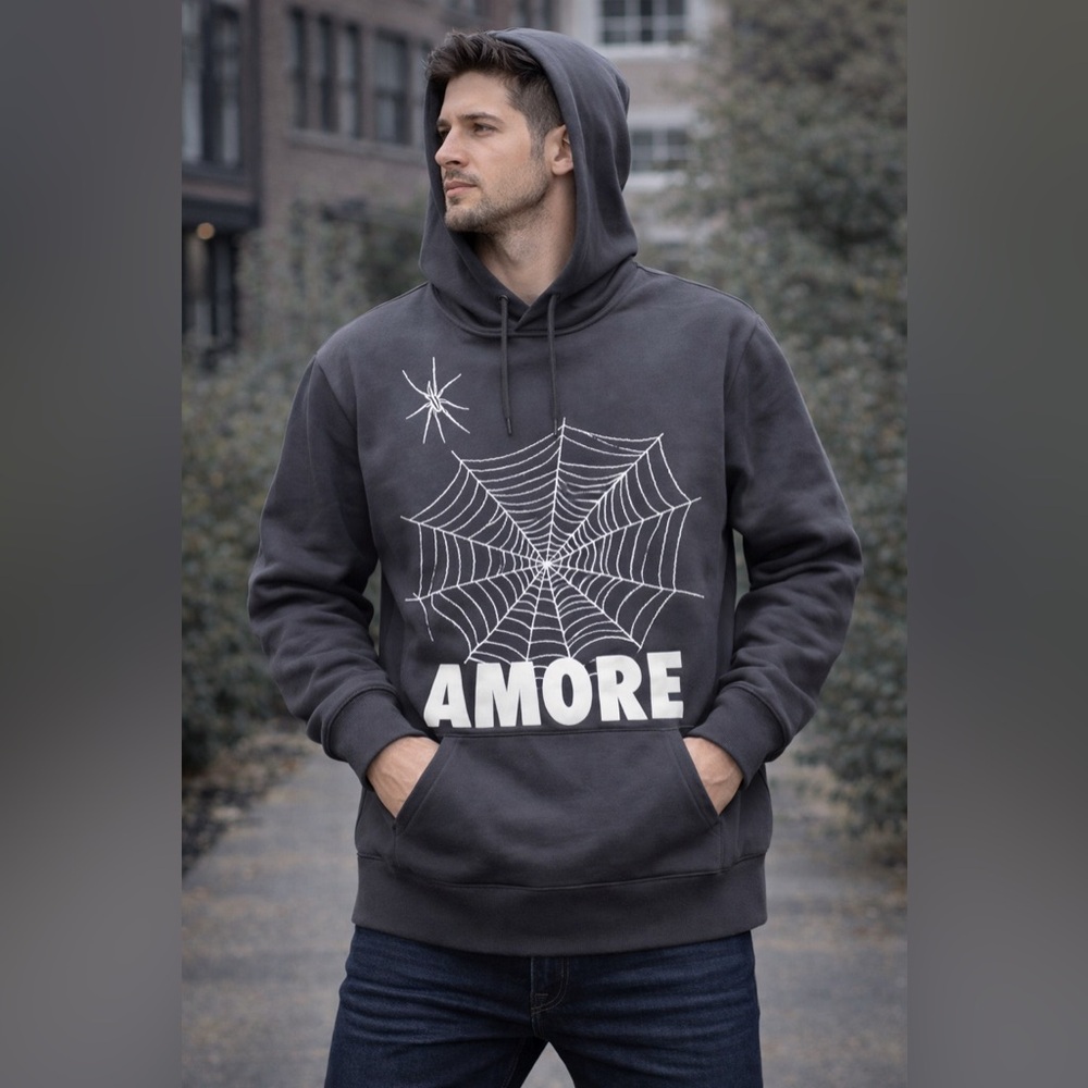 PACSUN AMORE Spider Web Hoodie Sweatshirt Gray‎ men’s unisex size medium